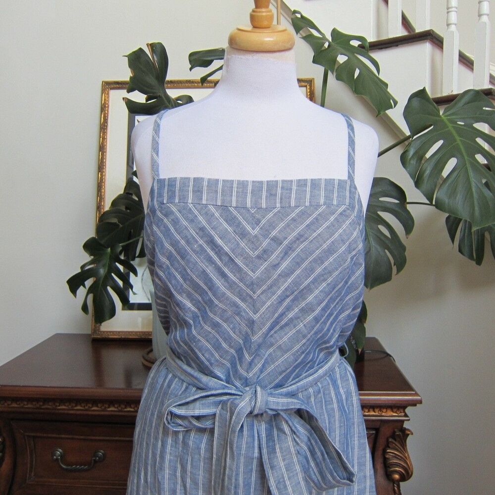 Banana Republic Blue Striped Chambray Linen Blend Belted Shift Dress Size 12 New - Picture 3 of 10
